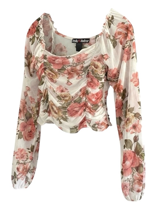 Polly & Esther Tops - Floral Mesh Ruched Crop Top M Sheer Long Sleeve Y2K Coquette Fairycore Romantic